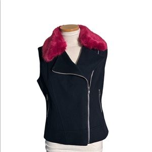 Helene London Wool Blend Blue Vest with Pink Faux Fur Removable Collar Size M